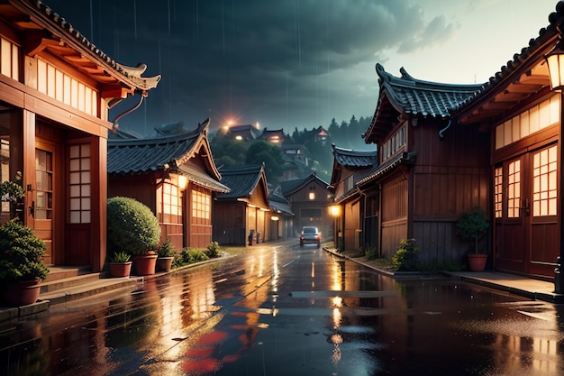 Chinese style wooden houses on both sides of the street lights and it is raining in the sky