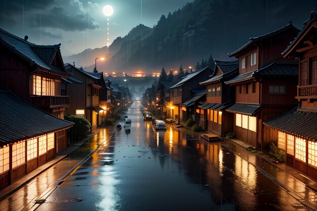 Chinese style wooden houses on both sides of the street lights and it is raining in the sky