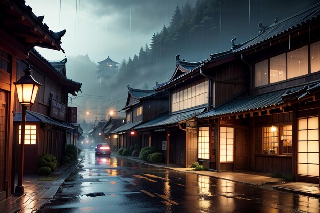 Chinese style wooden houses on both sides of the street lights and it is raining in the sky