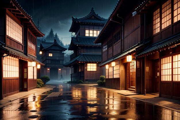 Chinese style wooden houses on both sides of the street lights and it is raining in the sky