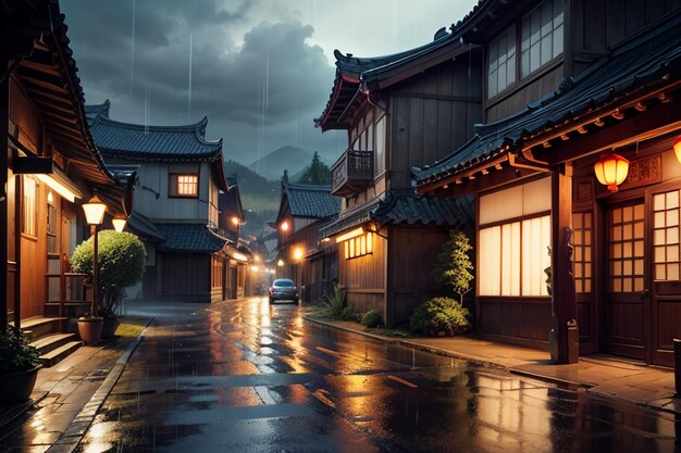 Photo chinese style wooden houses on both sides of the street lights and it is raining in the sky