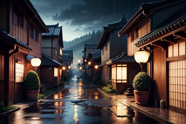 Photo chinese style wooden houses on both sides of the street lights and it is raining in the sky