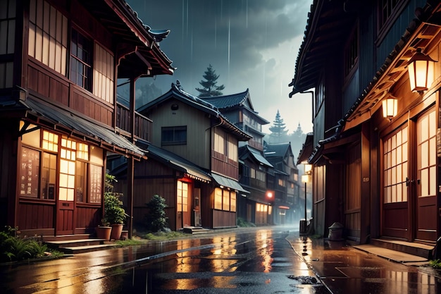 Photo chinese style wooden houses on both sides of the street lights and it is raining in the sky