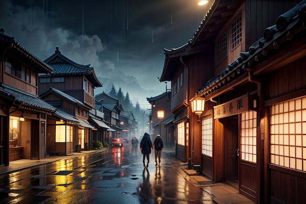 Chinese style wooden houses on both sides of the street lights and it is raining in the sky