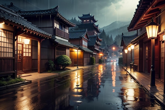 Chinese style wooden houses on both sides of the street lights and it is raining in the sky