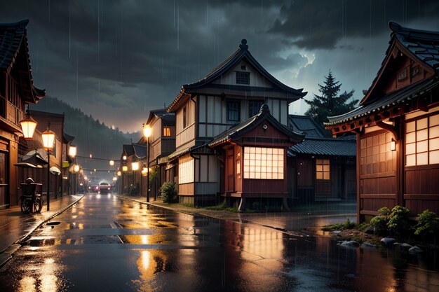 Китайский стиль деревянных домов с обеих сторон уличных фонарей и дождь в небе