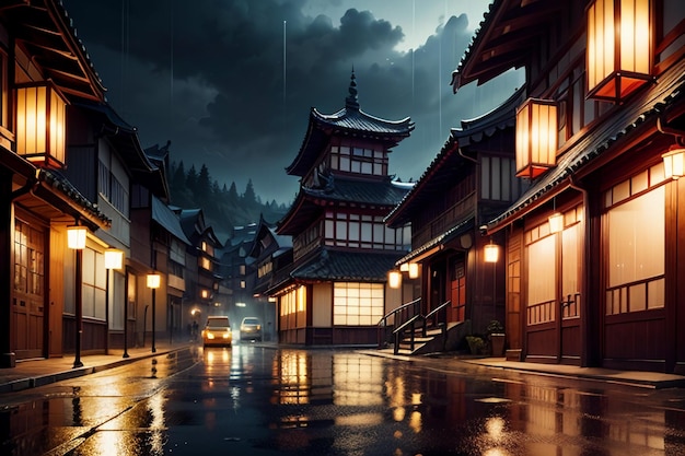 Chinese style wooden houses on both sides of the street lights and it is raining in the sky