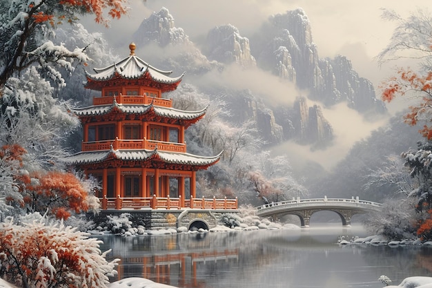 Chinese style Zen artistic conception ink painting of ancient buildings and landscapes illustration