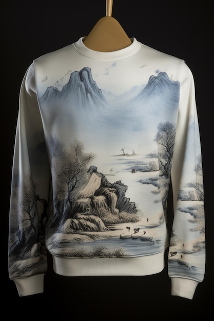 A chinese sweater with a painting of a mountain and a river.