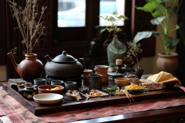 Chinese tea ceremony with yixing teapot created with generative ai