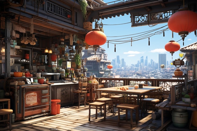 Chinese tea shop in the old town of Shanghai China 3D rendering