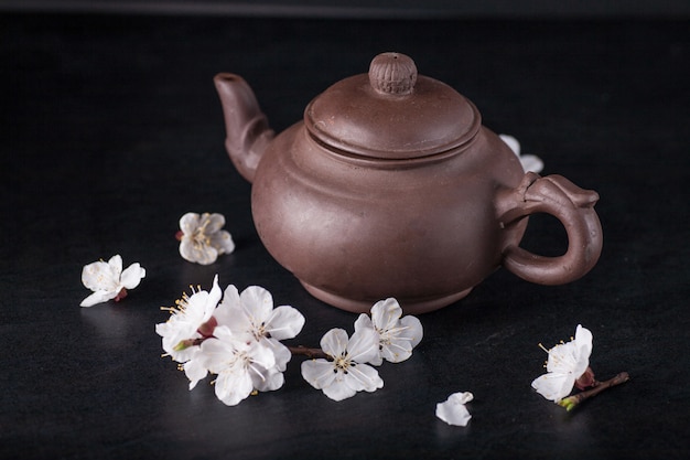 Chinese teapot and flowers apricots