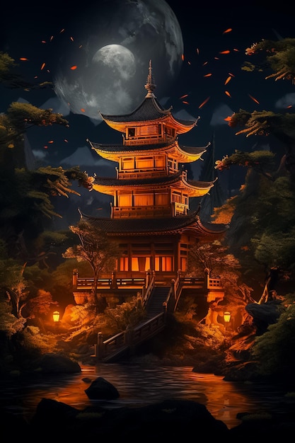 Chinese tempel op een rotsachtige grond onder een volle maan Ai gegenereerd
