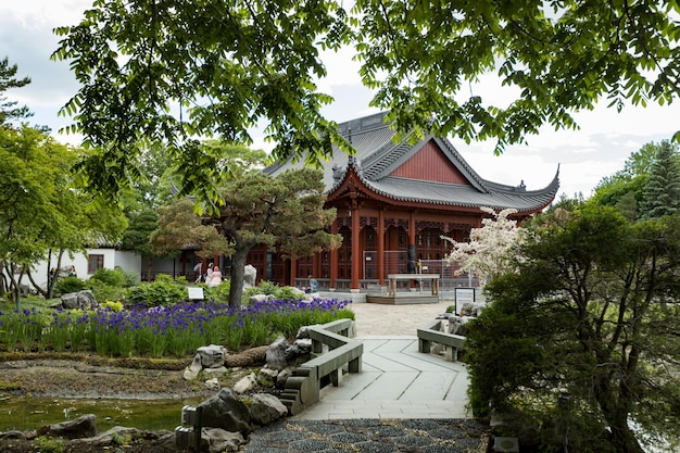 Chinese temple in the Chinese Garden section in Montreal Botanical Garden, Quebec, Canada