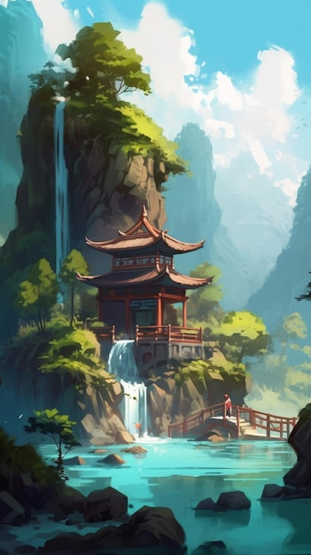A chinese temple on a cliff with a waterfall and a bridge.