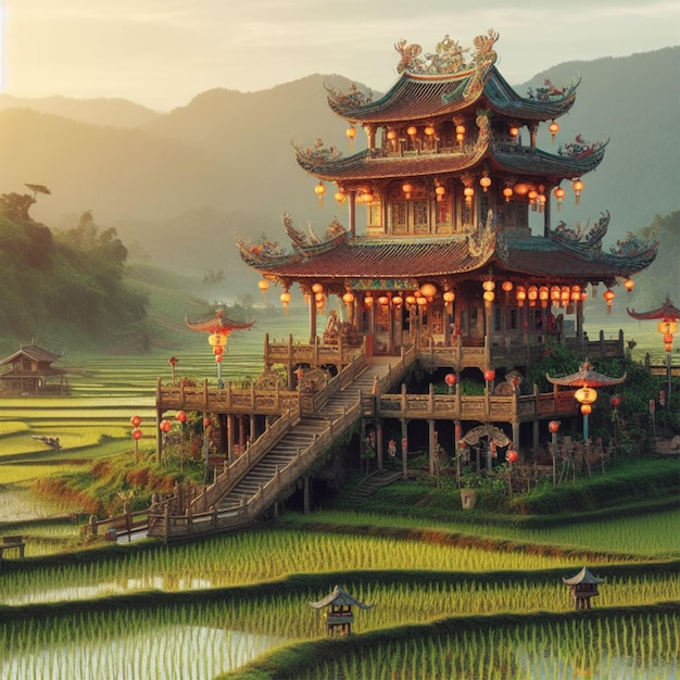 Chinese temple on the edge of rice fields