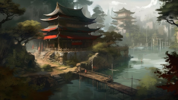 A chinese temple in a forest with a bridge and a bridge