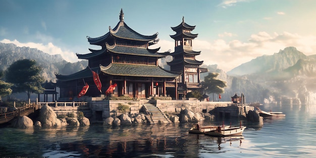 A chinese temple is set on a waterfront