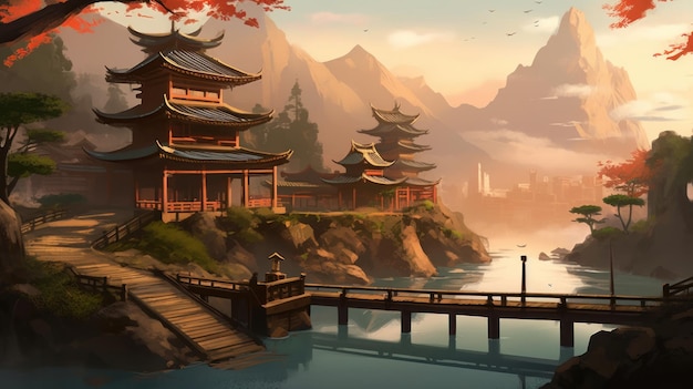 Китайский храм на озере с мостом на заднем плане