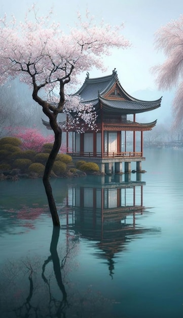 前景に木がある湖畔の中国寺院