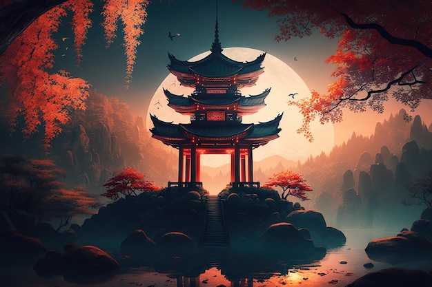 月明かりに照らされた中国の寺院