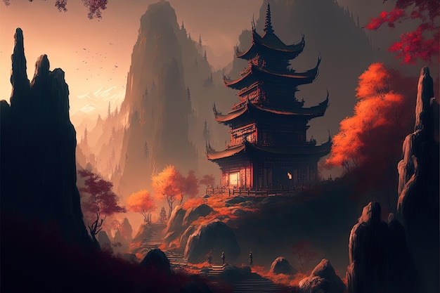 Китайский храм в горах с лесным генеративным ИИ