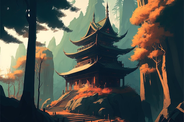 A chinese temple in the mountains with forest Generative AI
