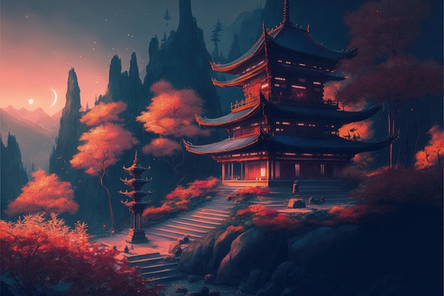 A chinese temple in the mountains with forest generative ai