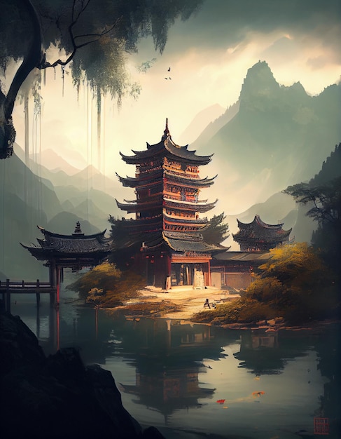 A chinese temple in the mountains with a mountain in the background