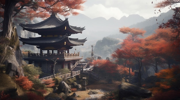 A chinese temple in the mountains with a red tree in the foreground.