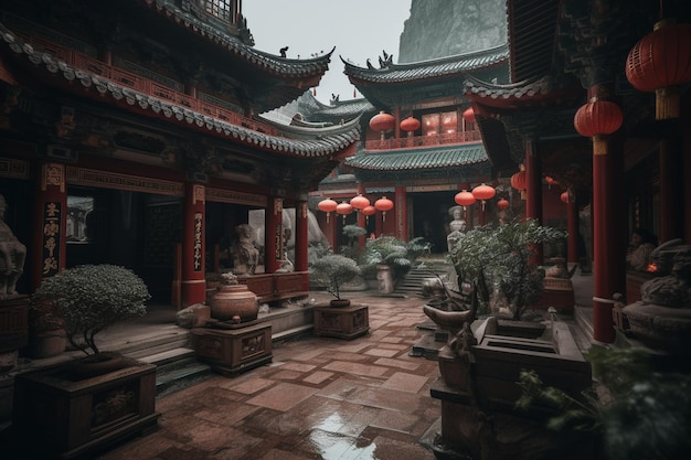 A chinese temple in the rain