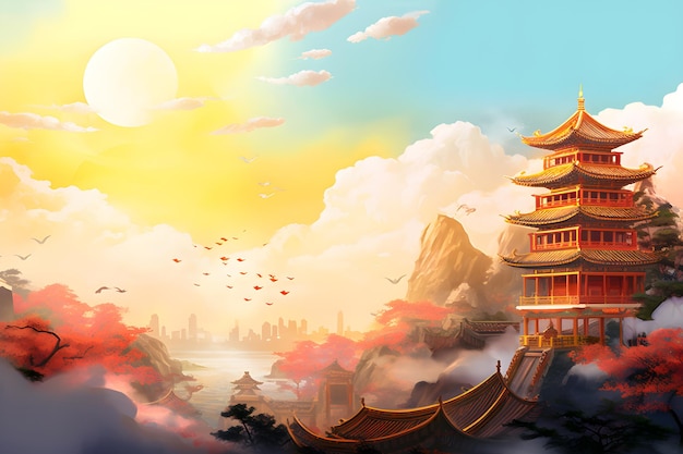 A chinese temple in the sky with a sun behind it