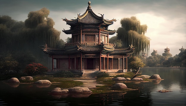 A chinese temple in the water with a tree in the background.