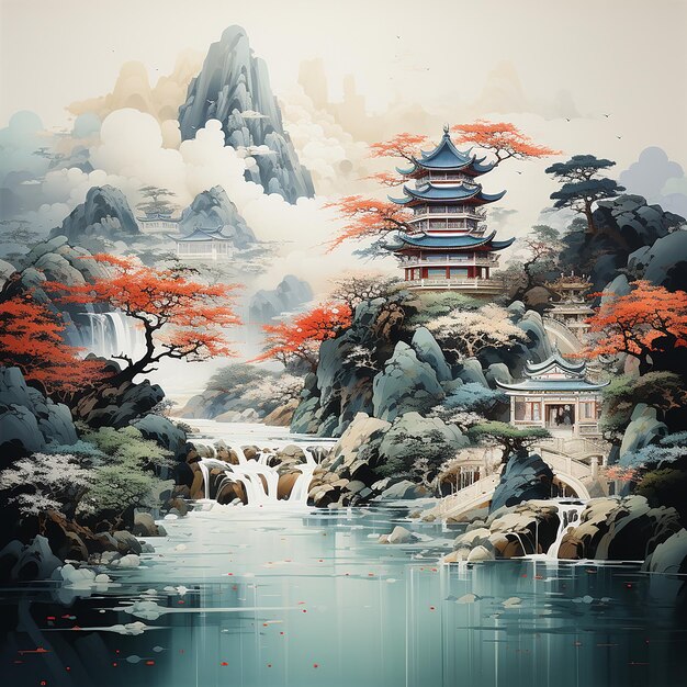 Chinese Temple in Watercolor Paint