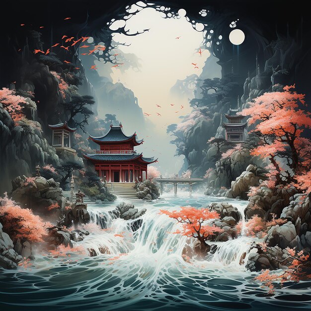 水彩画 の 中華 寺院