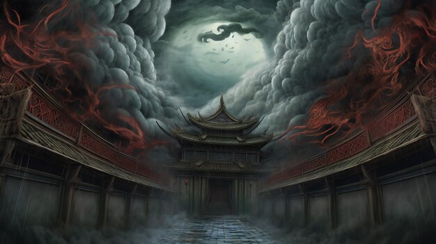 Photo chinese temple with fire and smoke in the sky