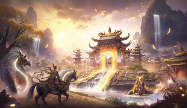 Китайский храм с лошадью и мужчиной на лошади