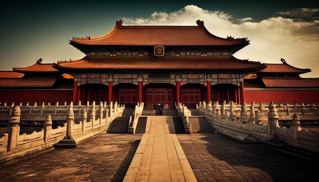 A chinese temple with a red roof and a black roof.