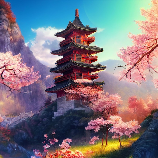 Chinese tower on floral mountain trees sunshine generative ai