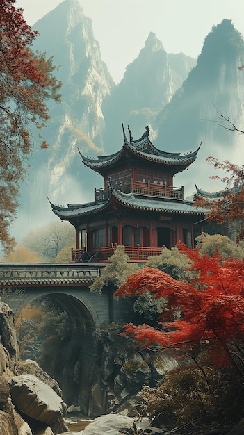 Chinese traditional architecture in autumn closeup of photo digital painting