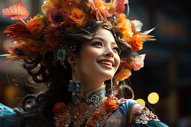 Традиционный китайский костюм исполнитель, украшенный красочным традиционным нарядом для культурных выступлений, сгенерированный с помощью ИИ