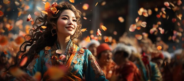 中国の伝統服装 文化的なパフォーマンスのためにカラフルな伝統服装を着たパフォーマー AIで生成された