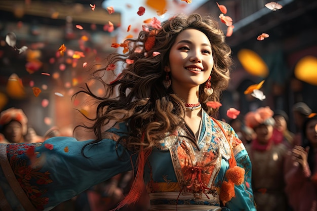 중국 전통 의상: 문화 공연을 위해 다채로운 전통 의상을 입은 공연자 인공지능으로 생성