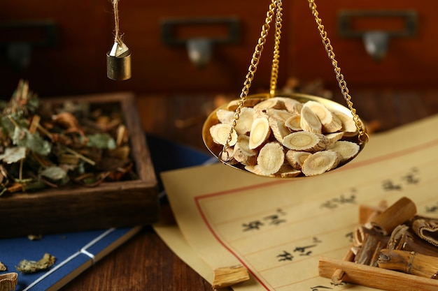 Chinese traditional herbal medicine in steelyard Translation reads as chinese herbal therapy