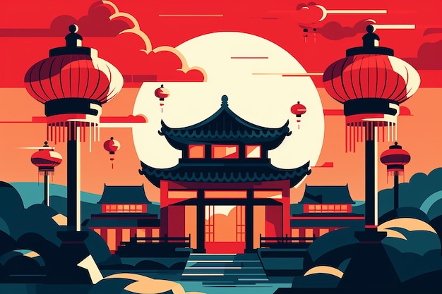 Photo chinese traditional house sunset illustration