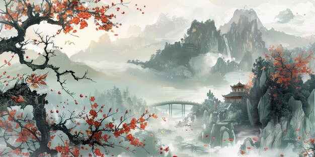 Chinese traditional landscape paintings with hills trees river and architecture