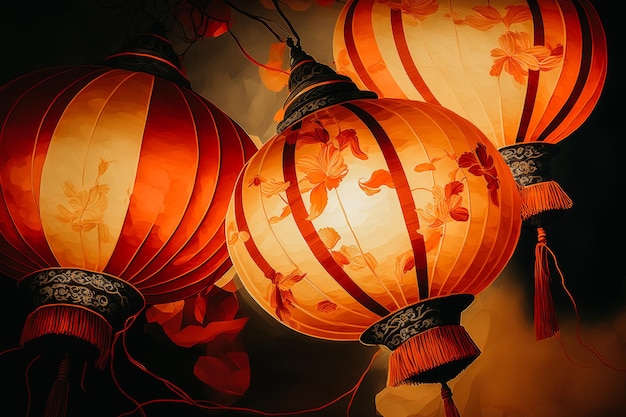 Chinese traditional lanterns lit to celebrate the new year generative ai