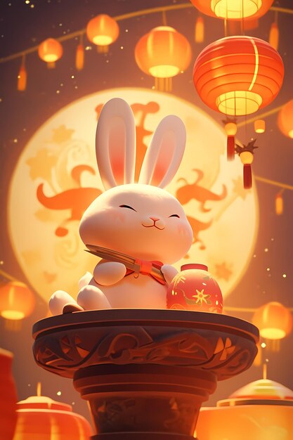 Chinese traditional MidAutumn Festival the moon rabbit red cartoon illustration poster background