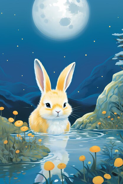 Chinese traditional MidAutumn Festival rabbit moon greeting card poster cover poster illustration