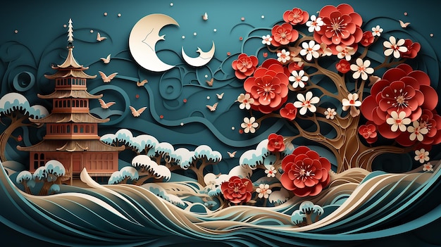 Фото Китайские традиционные узоры цветы фонари облака элементы и украшения векторная декоративная коллекция в китайском и японском стиле абстрактный фон для иллюстрации лунного нового года